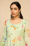 Chrkha_Green Cotton Satin Print Floral Round Neck Vintage Kurta Set _at_Aza_Fashions