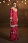 Glittire by Sakshi Verma_Pink Silk Velvet Embroidery Dabka Leaf Neck Kurta Gharara Set  _Online_at_Aza_Fashions