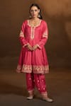 Glittire by Sakshi Verma_Pink Kota Tussar Embroidery Resham Notched Kurta Set  _Online_at_Aza_Fashions