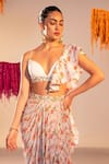 Buy_SILKY BINDRA_White Georgette Print Floral Plunge V Neck Draped Skirt Set _Online_at_Aza_Fashions