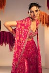 Silky Bindra_Pink Georgette Print Floral Sweetheart Neck Bloom Jacket Pant Set _at_Aza_Fashions