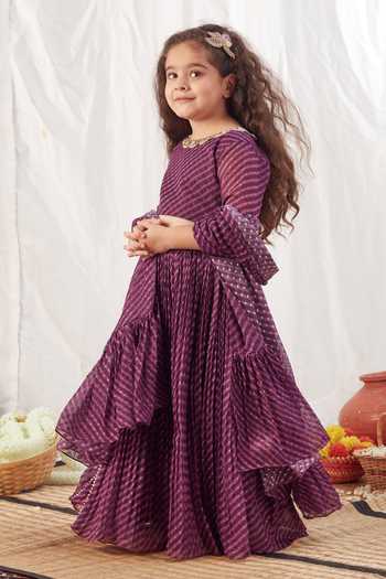 Vivedkids_Purple Chiffon Gota Patti Stripe Pattern Pleated Lehenga Set _Online_at_Aza_Fashions