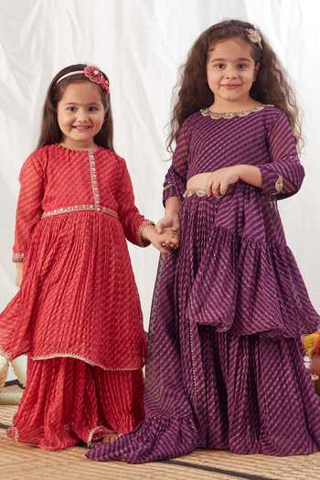Buy_Vivedkids_Purple Chiffon Gota Patti Stripe Pattern Pleated Lehenga Set _Online_at_Aza_Fashions
