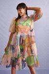 Shop_Pankaj & Nidhi_Blue Organza Hibiki Hand Embellished Tiered Mini Dress_Online_at_Aza_Fashions