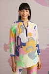 Buy_Pankaj & Nidhi_Blue Crepe Geometric Mandarin Collar Hibiki Pattern Top And Pant Set  _Online_at_Aza_Fashions