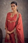 Hirika & Dhruti_Red Silk, Cotton Embroidery Keyhole Neck Floral Hand Kurta Gharara Set _Online_at_Aza_Fashions