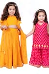 Vivedkids_Pink Chiffon, Cotton Embroidery, Gota Patti, Bandhani Print Kurta Sharara Set _Online_at_Aza_Fashions