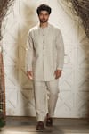 Echke_Beige Linen Plain Jacket Kurta Set _Online_at_Aza_Fashions