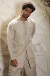 Echke_Beige Linen Plain Jacket Kurta Set _at_Aza_Fashions