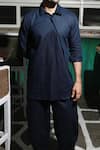 Buy_Echke_Blue Linen Plain Kurta And Dhoti Pant Set _Online_at_Aza_Fashions