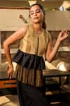 Echke_Black Satin Tassels Round Neck Peplum Jacket Top _at_Aza_Fashions