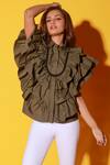 Echke_Green Cotton Shawl Neck Layered Ruffled Shirt _at_Aza_Fashions