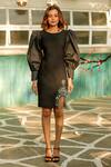 Echke_Black Silk, Taffeta Stones, Tassels Round Neck Puff Sleeve Short Dress_Online_at_Aza_Fashions