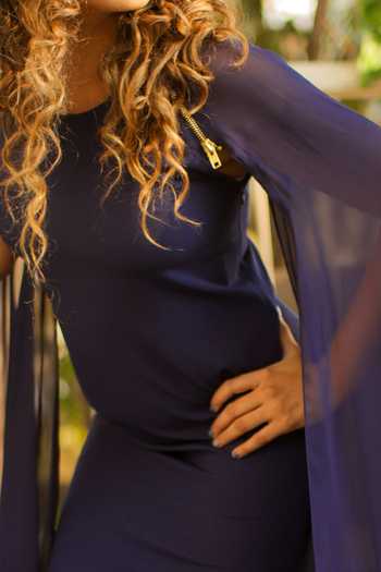 Echke_Blue Satin Round Neck Cape Sleeve Dress _Online_at_Aza_Fashions