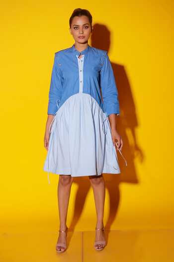 Echke_Blue Poplin Mandarin Collar Colour Block Short Dress _at_Aza_Fashions