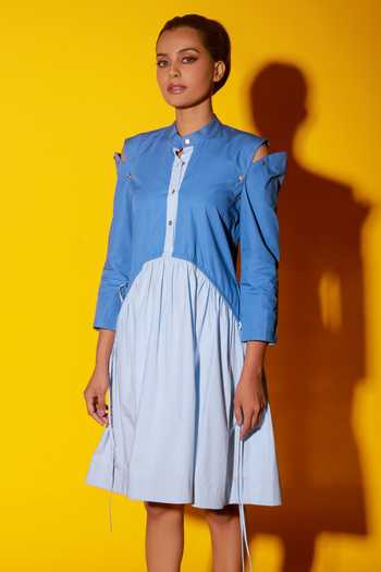 Buy_Echke_Blue Poplin Mandarin Collar Colour Block Short Dress _Online_at_Aza_Fashions