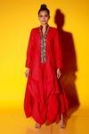 Echke_Red Cotton Blend Embellished Crystal Mandarin Collar Balloon Hem Dress _at_Aza_Fashions