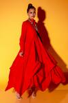 Shop_Echke_Red Cotton Blend Embellished Crystal Mandarin Collar Balloon Hem Dress _Online_at_Aza_Fashions