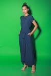 Echke_Blue Synthetic Solid Round Flared Jumpsuit _Online_at_Aza_Fashions