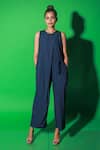 Echke_Blue Satin Round Neck Front Draped Solid Jumpsuit _Online_at_Aza_Fashions
