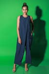 Shop_Echke_Blue Satin Round Neck Front Draped Solid Jumpsuit _Online_at_Aza_Fashions
