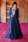 Buy_KARAJ JAIPUR_Blue Anarkali And Dupatta Chanderi Bandhani Pattern U Neck Set _Online_at_Aza_Fashions