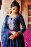 Shop_KARAJ JAIPUR_Blue Anarkali And Dupatta Chanderi Bandhani Pattern U Neck Set _at_Aza_Fashions