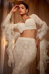 House of Exotique_Ivory Lace, Silk Embroidery Sweetheart Neck Lehenga Set With Ruffle Dupatta _Online_at_Aza_Fashions