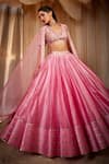 House of Exotique_Pink Net, Chanderi Embroidery V-neck Lehenga Set _Online_at_Aza_Fashions