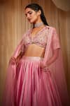 Shop_House of Exotique_Pink Net, Chanderi Embroidery V-neck Lehenga Set _Online_at_Aza_Fashions