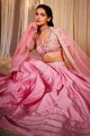 House of Exotique_Pink Net, Chanderi Embroidery V-neck Lehenga Set _at_Aza_Fashions