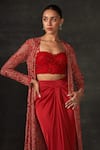 The House of Exotique_Red Bralette And Long Jacket- Chantilly Lace & Draped Lungi Skirt Set  _Online_at_Aza_Fashions