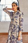 House of Fett_Blue Mul Cotton Printed Floral Shirt Collar Sicily Dress For Women_at_Aza_Fashions