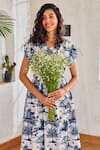 HOUSE OF FETT_Blue Cotton Linen Printed Floral V Neck Chiara Dress _Online_at_Aza_Fashions