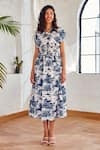 Buy_HOUSE OF FETT_Blue Cotton Linen Printed Floral V Neck Chiara Dress _Online_at_Aza_Fashions