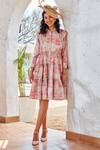 HOUSE OF FETT_White Cotton Linen Printed Toile De Jouy Shirt Collar Grace Tiered Dress _Online_at_Aza_Fashions