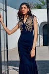 Buy_House of Fett_Blue Twill Knit Embroidered Crystal V Neck Palais Mermaid Gown For Women_Online_at_Aza_Fashions