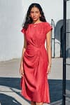 Shop_HOUSE OF FETT_Red Knitted Boat Neck Ditalia Textured Dress _Online_at_Aza_Fashions