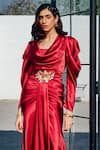 HOUSE OF FETT_Red Satin Embroidered Cutdana Cowl Neck Ruby Draped Gown _Online_at_Aza_Fashions