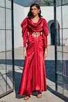 Shop_HOUSE OF FETT_Red Satin Embroidered Cutdana Cowl Neck Ruby Draped Gown _Online_at_Aza_Fashions