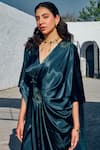 Shop_HOUSE OF FETT_Green Satin Embroidered Bead V Neck Jade Pleated Draped Gown _Online_at_Aza_Fashions