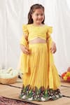 Vivedkids_Yellow Crepe, Cotton, Linen Embroidery Pleated Lehenga Set _at_Aza_Fashions