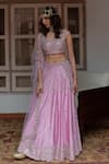 Shop_House of Dasmaya_Purple Dupion Silk Embroidered Mirror V Neck Pearl Blouse Lehenga Set _Online_at_Aza_Fashions