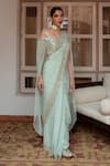 Buy_House of Dasmaya_Blue Dupion Embroidered Mirror Sweetheart Pre-draped Saree With Blouse _Online_at_Aza_Fashions