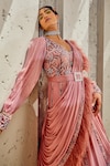 Buy_Awigna_Pink Chiffon Embroidery Sequin And Imaya Floral Saree Gown With Belt _Online_at_Aza_Fashions