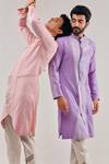 Shop_Shreyansh Designs_Purple Cotton Linen Color Block Pattern Kurta _Online_at_Aza_Fashions