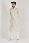 Shreyansh Designs_Ivory Dupion Silk Floral Cutdana And Pearl Embellished Sherwani _Online_at_Aza_Fashions