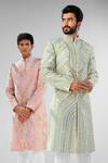 Shop_Shreyansh Designs_Ivory Dupion Silk Floral Cutdana And Pearl Embellished Sherwani _Online_at_Aza_Fashions