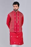 Shreyansh Designs_Red Dupion Silk Geometric Motif Embroidered Nehru Jacket _Online_at_Aza_Fashions