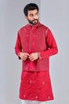 Buy_Shreyansh Designs_Red Dupion Silk Geometric Motif Embroidered Nehru Jacket _Online_at_Aza_Fashions